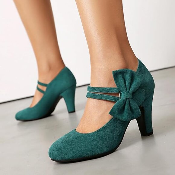 Women's Mary Jane Close Round Toe Vintage Style 1950s Heels Bow Double Straps - Picture 2 of 5